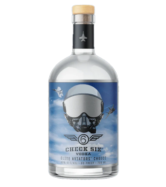Check Six Vodka bottle with a blue label featuring an airplane helmet design on a white background.