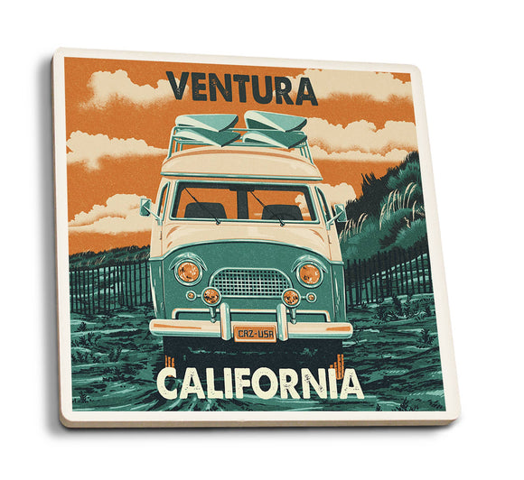 Ceramic Coaster Ventura, California, Camper Van, Letterpress