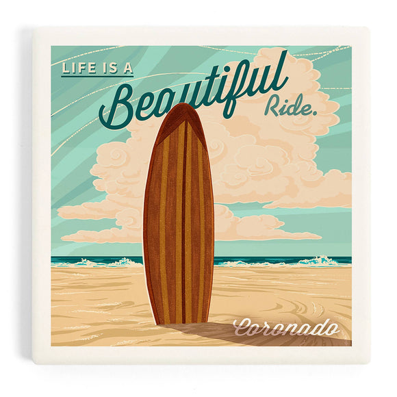 Ceramic Coaster Coronado, California, Surf Board Letterpr…